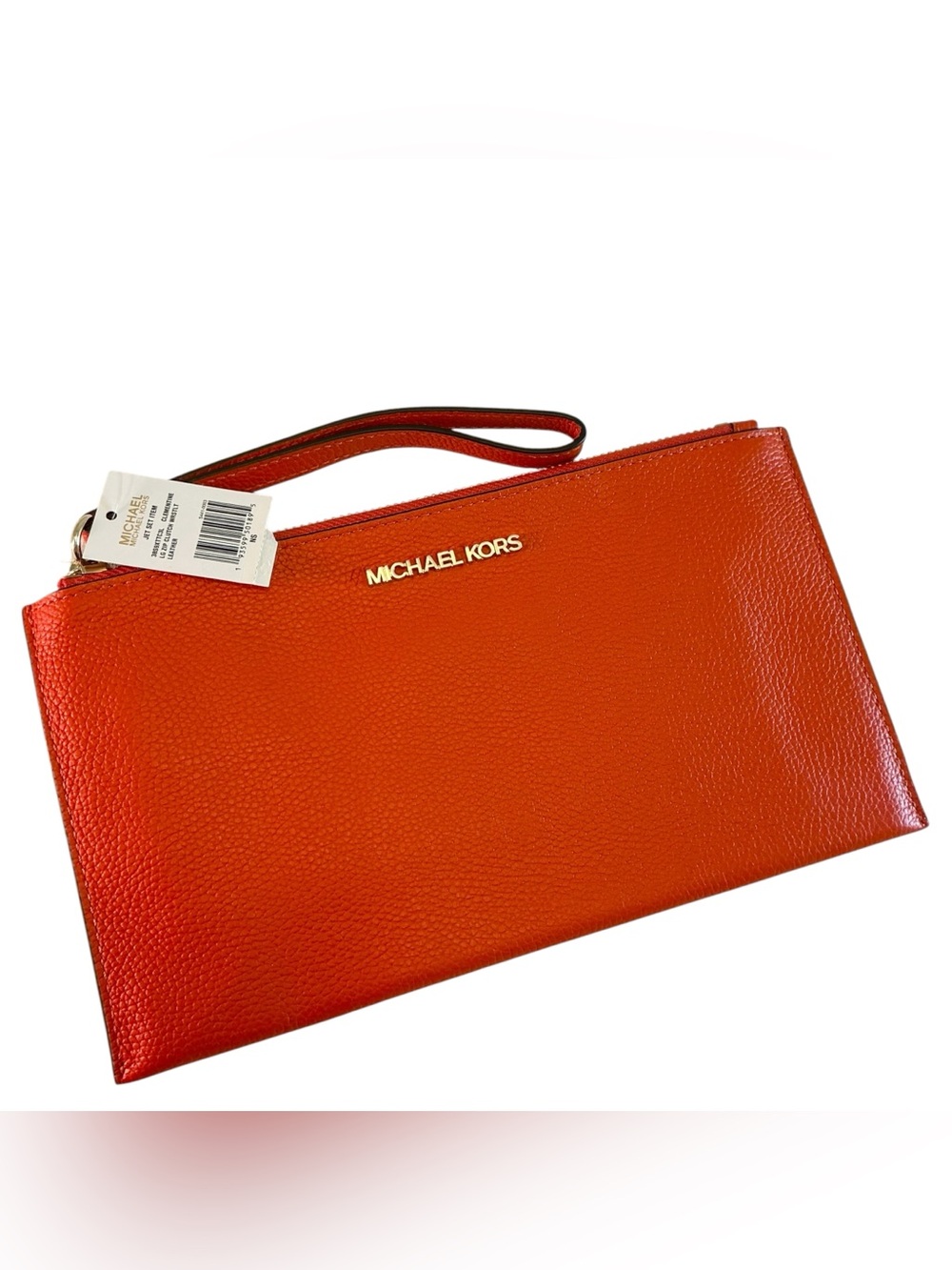 Michael Kors Jet Set Large Zip Clutch Wristlet Pebbled Leather Clementine/Orange